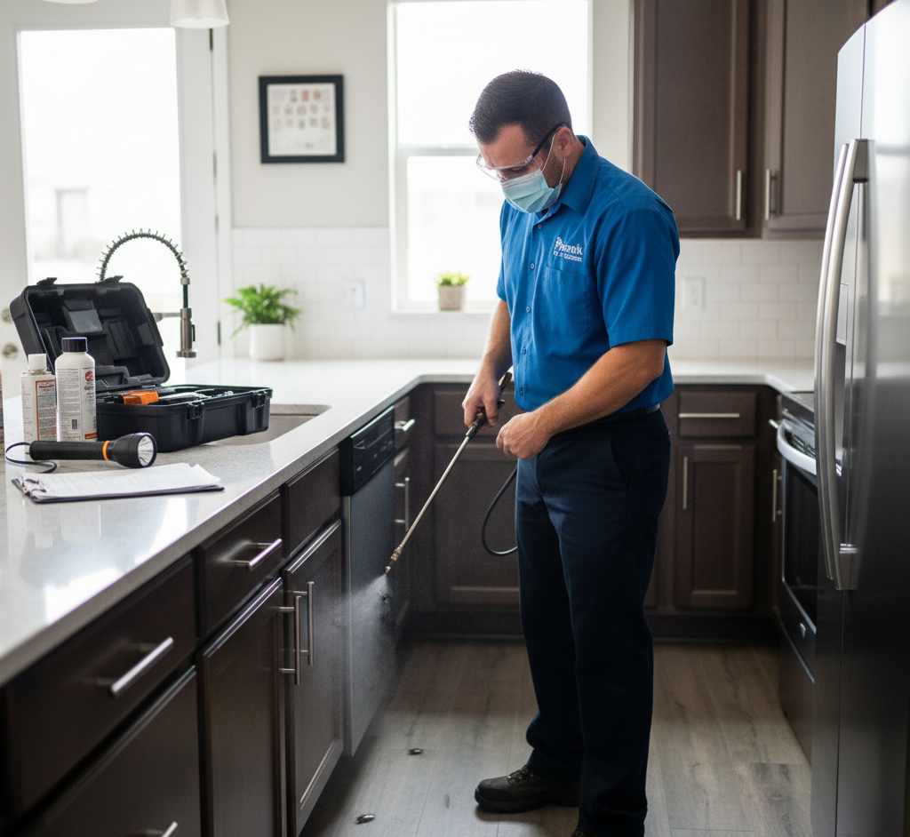 Technician applying pest treatment in a residential kitchen during Pest Control in East Lansing.