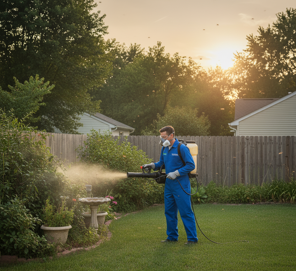 Technician spraying a backyard for insect treatment as part of Pest Control in East Lansing services.