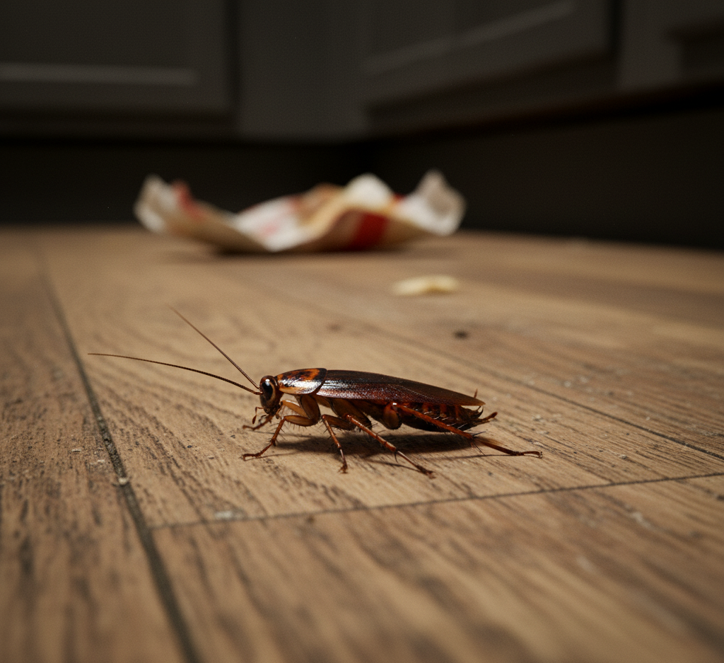Cockroach crawling across a kitchen floor, highlighting the need for Pest Control in East Lansing