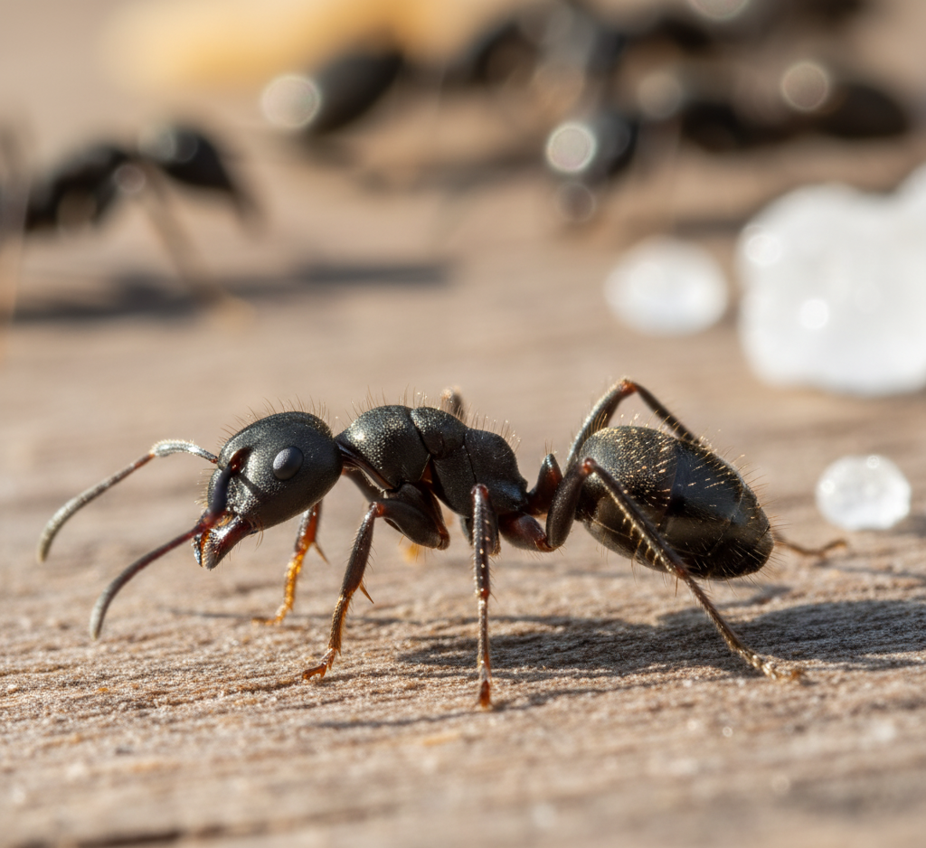 Close-up of a black ant on a wooden surface, showing a common issue addressed by Pest Control in East Lansing.